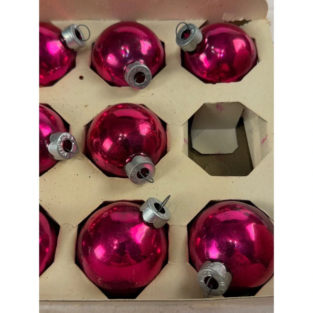 Vintage Coby Glass Christmas Tree Ornaments Pink Magenta Set of 11 USA Made